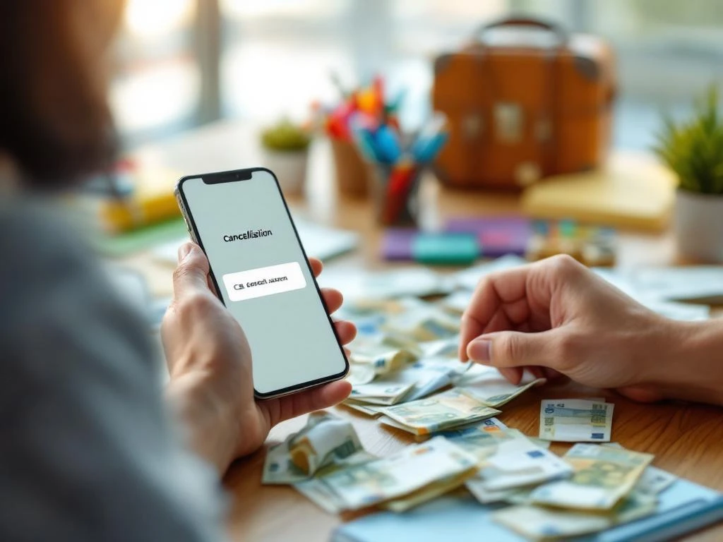 Handen houden smartphone met annuleringsbevestiging boven verkreukelde eurobiljetten op houten bureau met reismateriaal