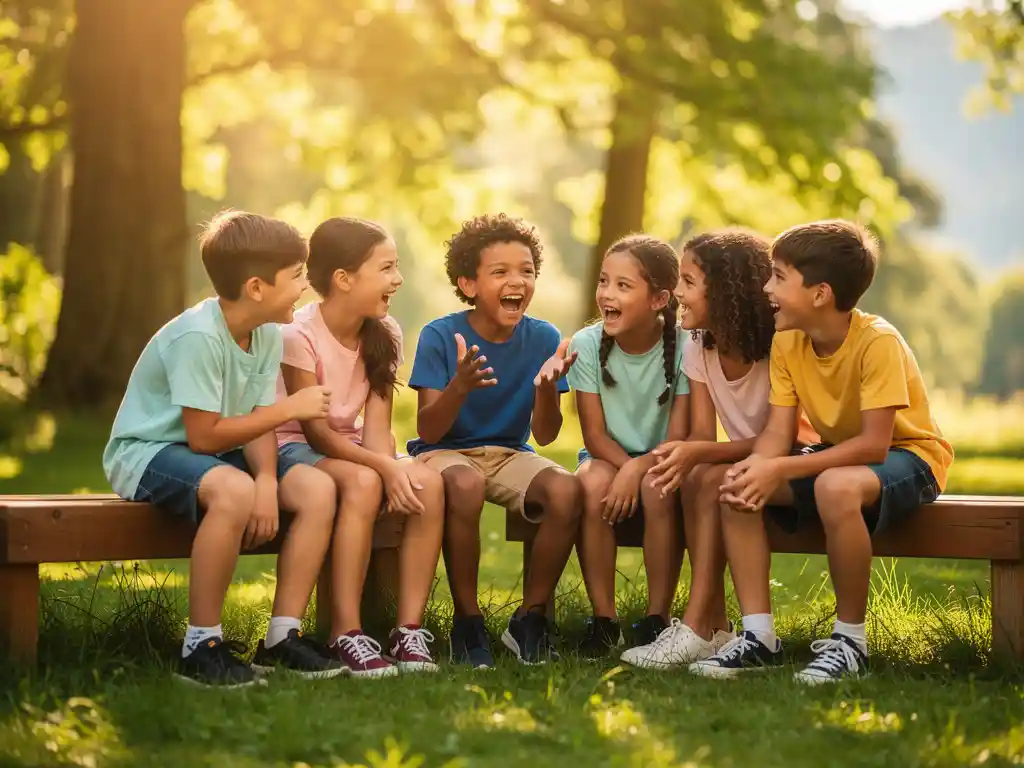 Meertalige kinderen lachen en praten buiten op een zomerkamp, omringd door groen gras en houten banken in warm middagzonlicht.