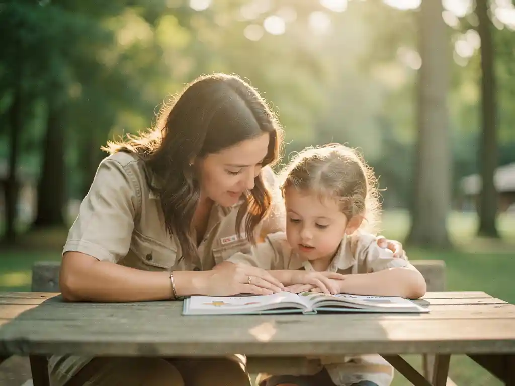 Begeleider en jong kind lezen samen een prentenboek aan een houten tafel buiten, omgeven door groen kampeerterrein in warm middaglicht.