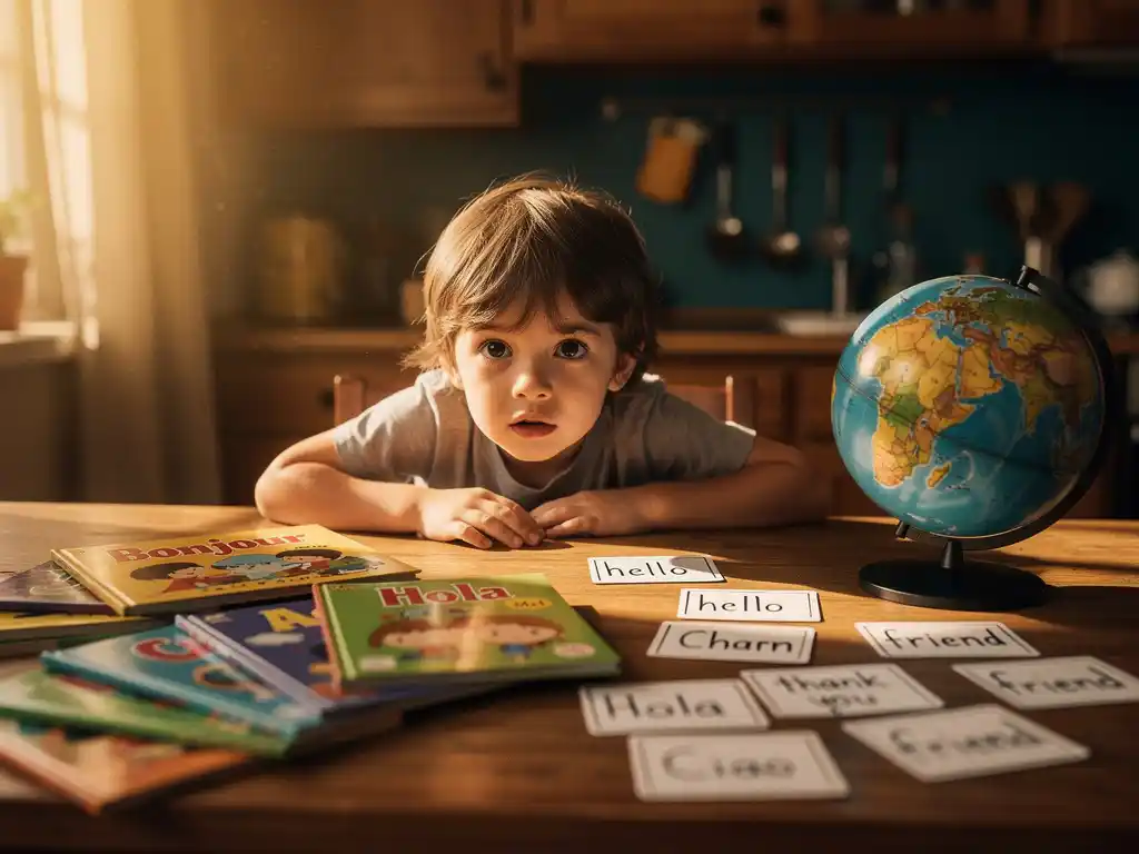 Nieuwsgierig kind aan houten tafel met meertalige prentenboeken, flashcards en wereldbol in warme gezeunskeuken.