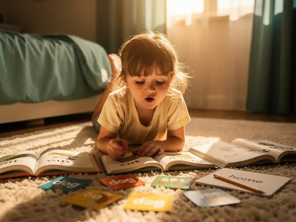 Kind ligt op vloerkleed omringd door prentenboeken en flashcards, leest hardop in warm middagzonlicht.