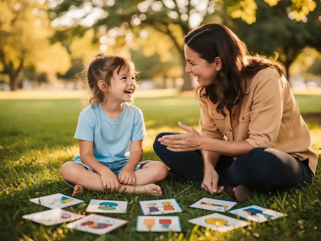 Kind zit lachend op gras tegenover leraar tijdens buitenles met kleurrijke taalflashcards in warm middagzonlicht.