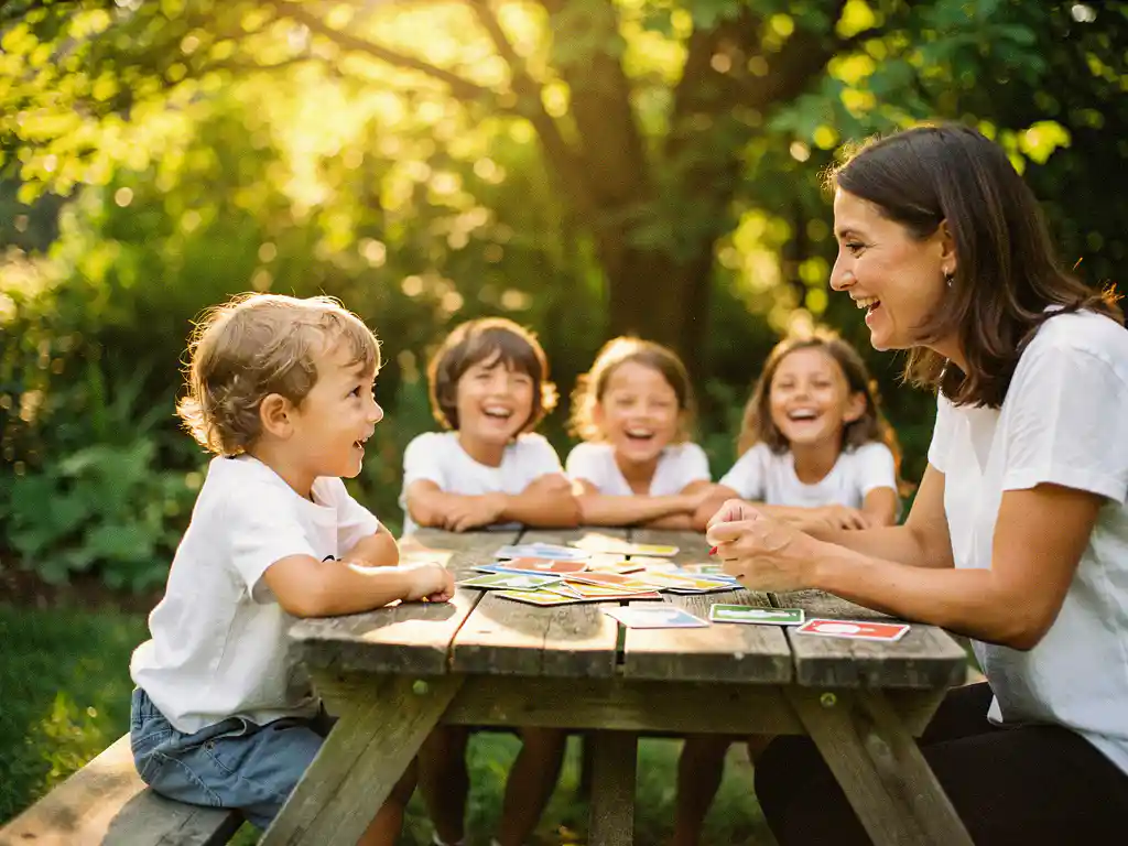 Kind in gesprek met een lachende instructeur buiten, taalflitskaarten op picknicktafel, zomerkamp taalles in zonnige tuin.