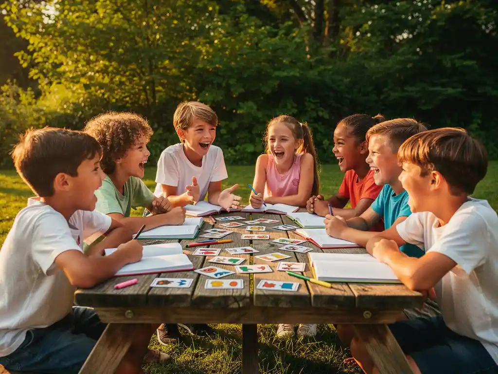 Kinderen lachen en praten samen buiten op een zomerkamp, met taalflashcards en kleurrijke notitieboekjes op een houten picknicktafel.