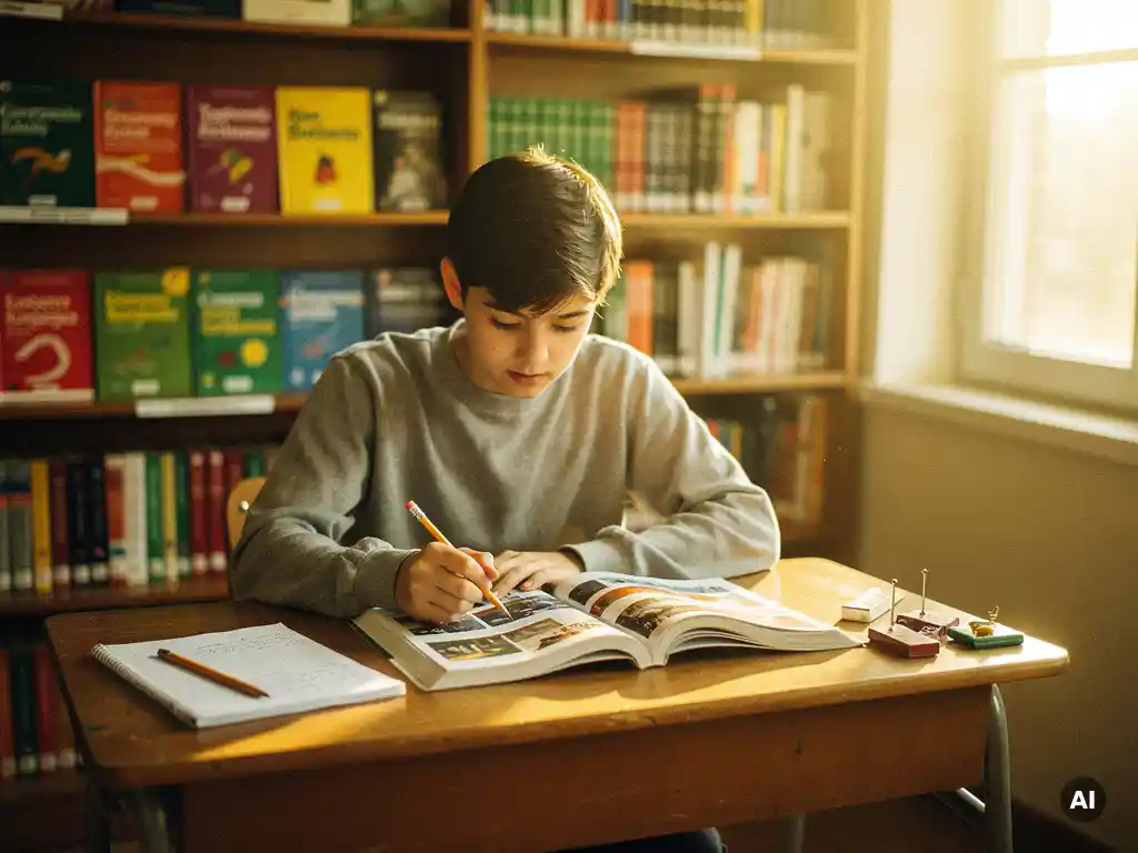 Student vergelijkt twee open brochures aan een houten bureau, met aantekeningen en een potlood, taalboeken op boekenplanken op de achtergrond.