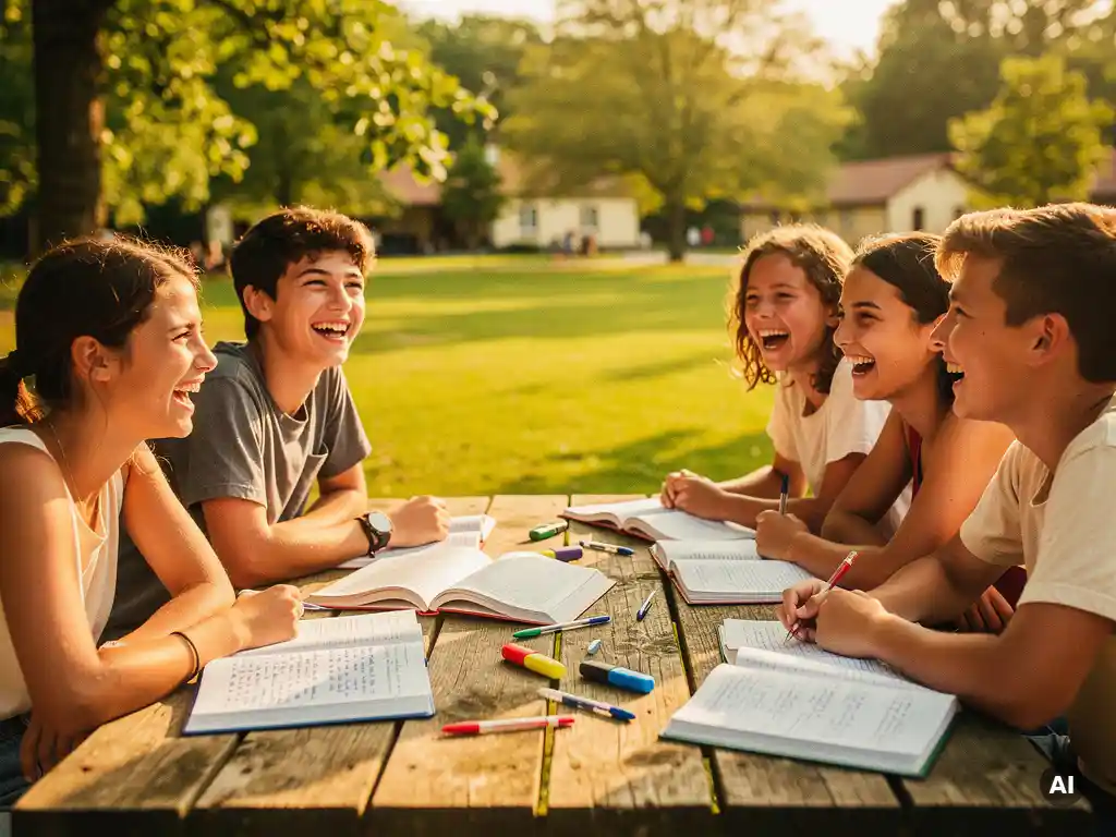 Lachende tieners rond een picknicktafel op een Belgisch taalkamp, met Franse leerboeken en notitieboeken in de zomerzon.