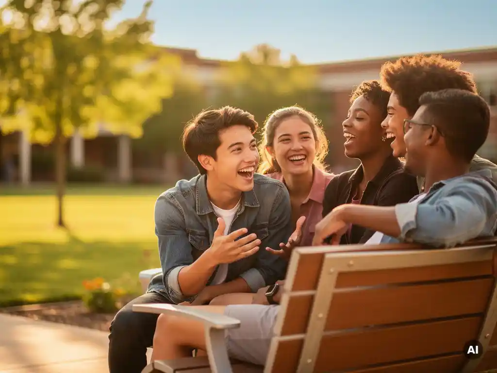 Diverse tieners lachen samen op een zonnige campusbank, één student vertelt enthousiast terwijl anderen glimlachend luisteren.