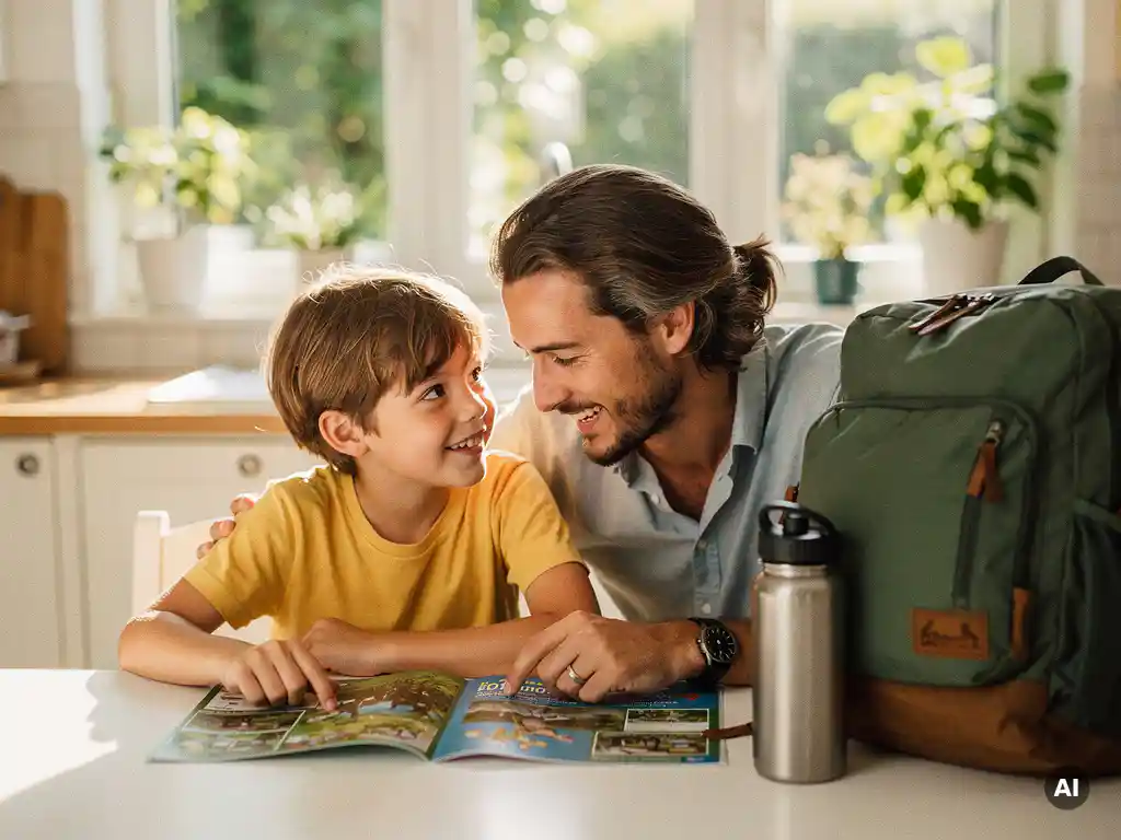 Kind en ouder bekijken samen een kleurrijke kampbrochure aan een zonnige keukentafel, met rugzak en drinkfles in de buurt.